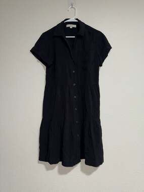 LOFT Black Short Sleeve Tiered Mini Button Down Shirt Dress